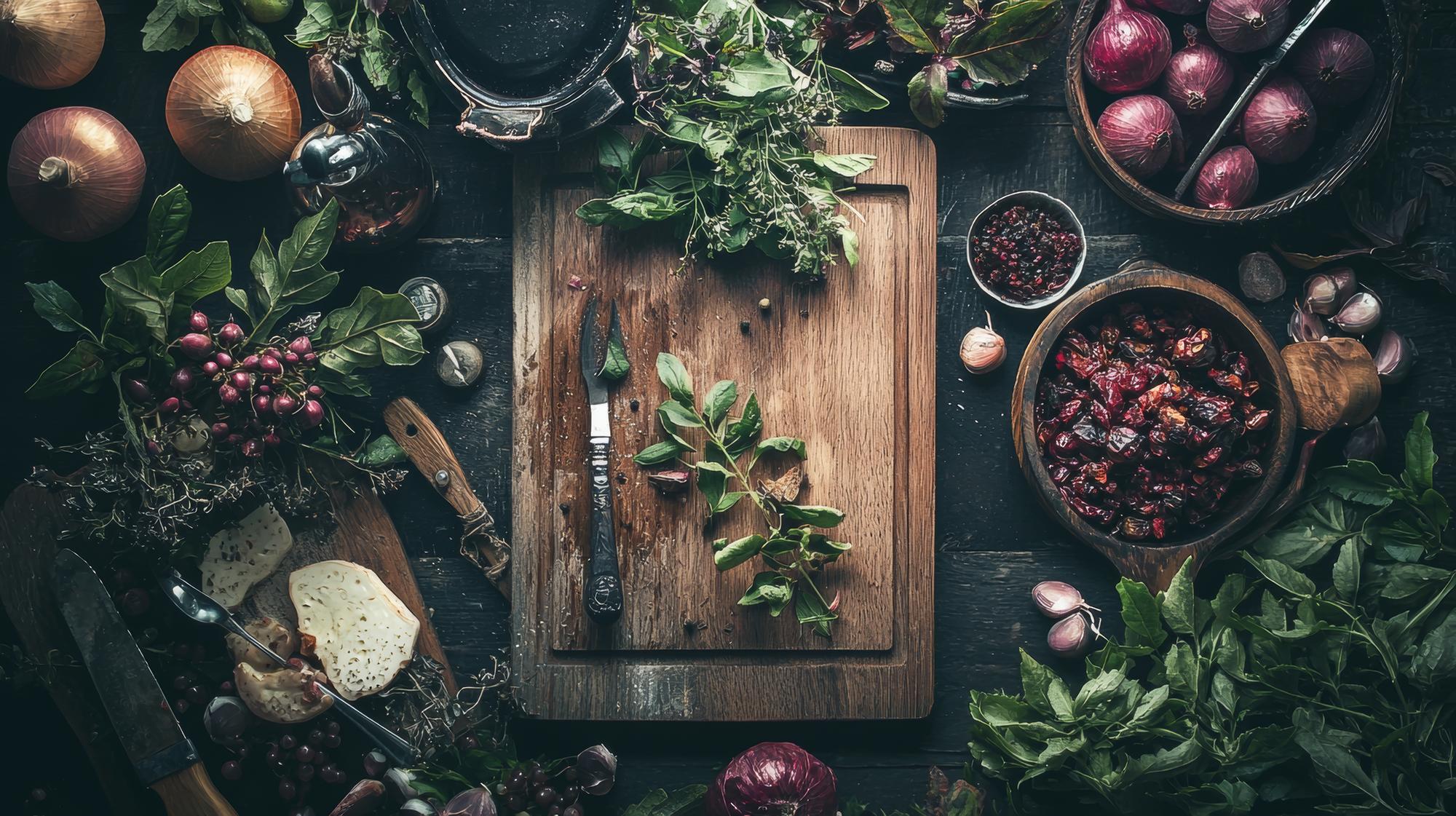 Masă rustică cu farfurii gourmet și ingrediente proaspete